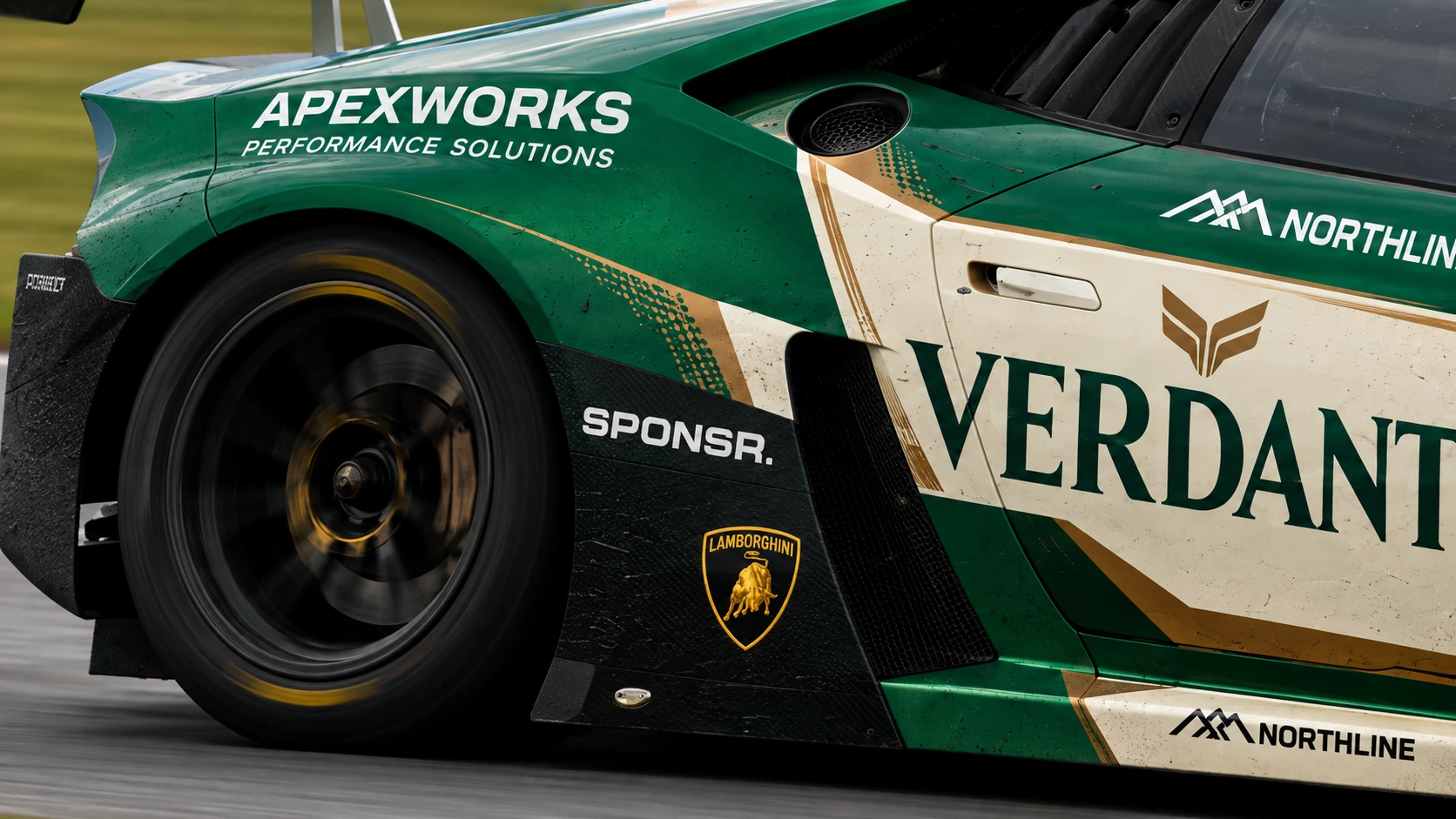 The rear arch of a green and cream Lamborghini GT car in close-up, a small SPONSR decal ahead of the wheel (SPONSR livery concept).