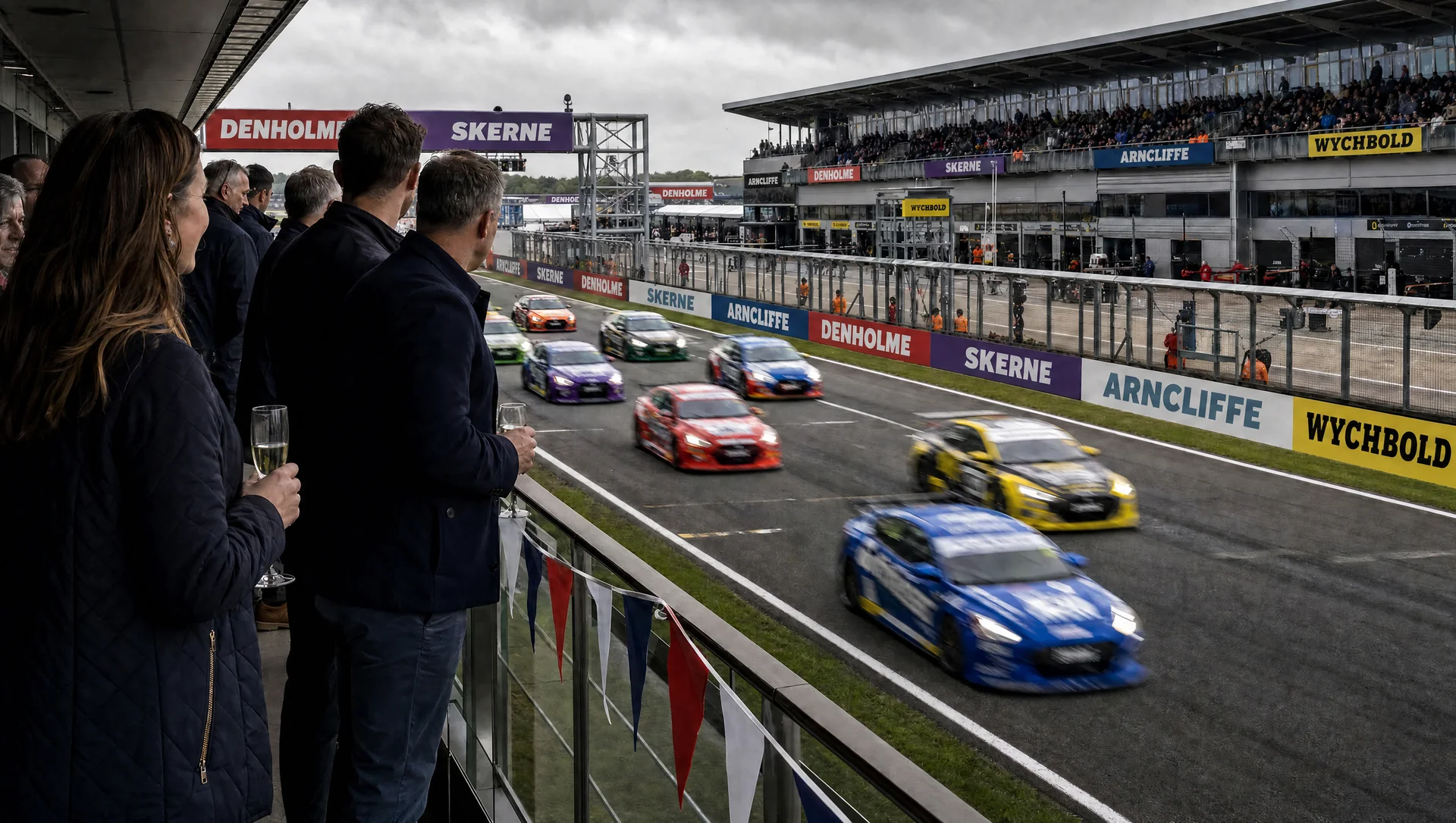 Guests with drinks on a hospitality balcony watching touring cars pass on the start-finish straight below.