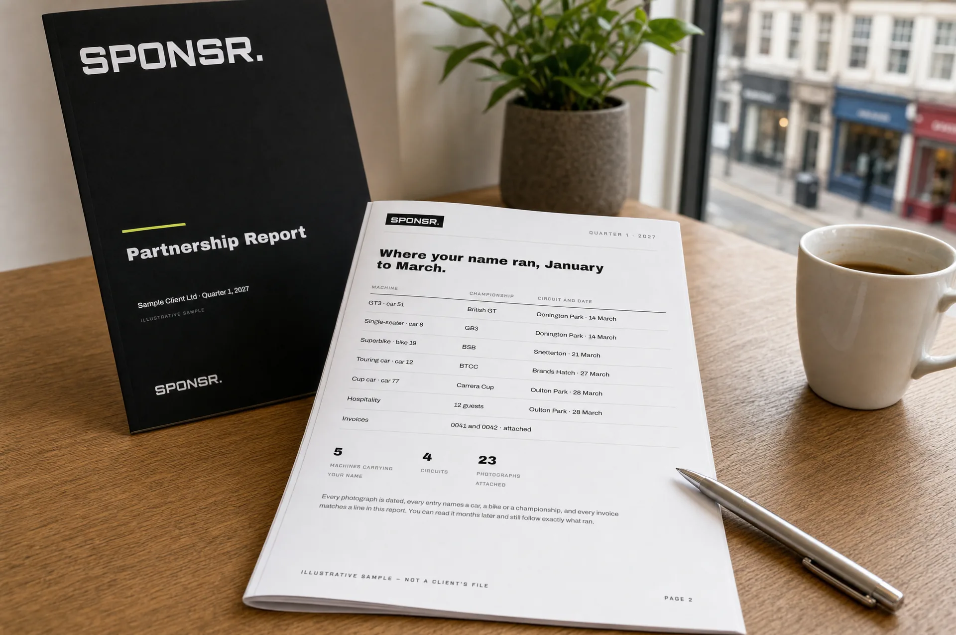A printed SPONSR Partnership Report standing on a desk beside its open inside page, which lists the cars, bikes and circuits that carried a name that quarter.